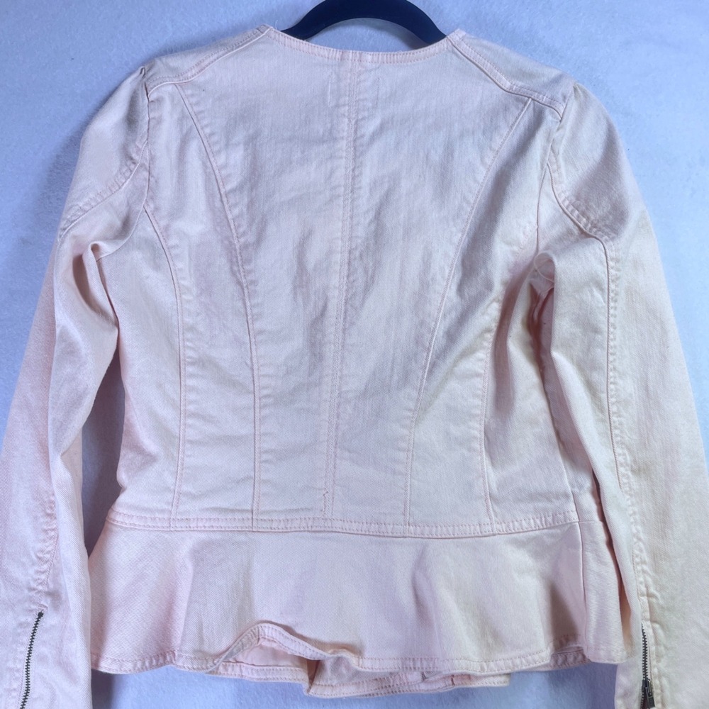 Elle Womens Pink Denim Moto Jacket Peplum Hem Asymmetric Zip Size Medium - Picture 5 of 8